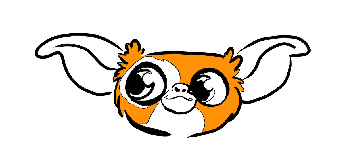 Doodle of a wide-eyed, cartoonish Mogwai create from the movie Gremlins (1984) with large ears and an orange-and-white color scheme.